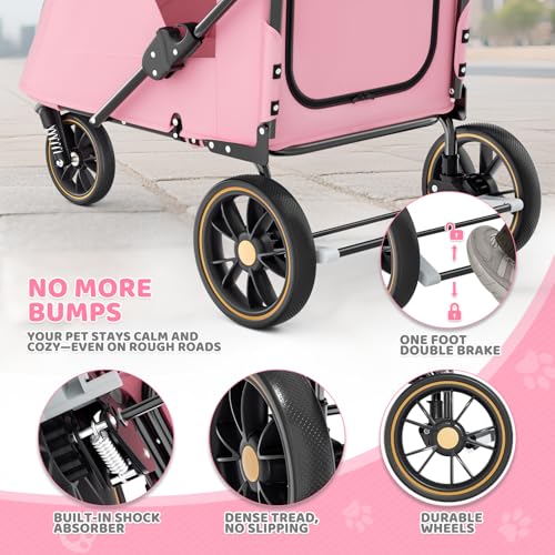 Magshion Pet Stroller for Medium Dogs w/Adjustable Handle, 3-Wheel Dog Cat Wagon w/Dual Entry, Rear Storage, Breathable Mesh, One-Foot Brake, Ideal for Large Pets up to 55 lbs, Pink - color: Pink, style: Up to 55 lbs