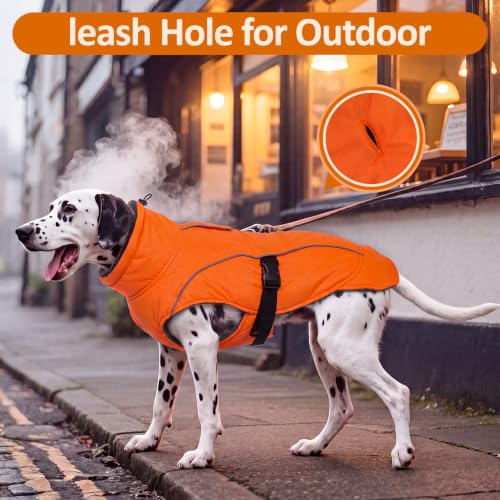 DENTRUN Warm Dog Winter Coat, Easy On Reflective Turtleneck Fleece Jacket | Adjustable buckle, easy on off, windproof & water-repellent, thick fleece snowsuit, outfit fits small to large breeds - color: Orange, size: Large