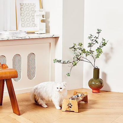 X-ZONE PET Elevated Dog Bowls for Cats and Dogs, Adjustable Bamboo Raised Dog Bowls for Small Dog, Food and Water Set Stand Feeder with 2 Stainless Steel Bowls and Anti Slip Feet (Height 4" to 4.5") - size: S- Height 4" up to 4.5"