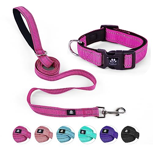 NESTROAD Dog Collar and Leash Set,Reflective Dog Collars with Quick Release Buckle,Adjustable Nylon Pet Collar for Small Medium Large Dogs(Small,Fuchsia Pink) - color: Fuchsia Pink, size: Small