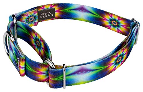 Country Brook Petz - Tie Dye Flowers Martingale Dog Collar - Groovy Collection Featuring Far Out Designs (1/2 Inch, 2XS) - color: Tie Dye Flowers, size: 2XS (Pack of 1)