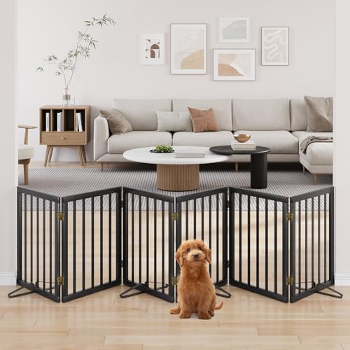 Extra Wide Dog Gate 110 inches Wide, Freestanding Pet Gate for The House Doorway, Pet Puppy Barrier, Support Feet Included, Black,6 Panels - color: Bamboo Dog Gate Black, size: 6 Panel - 110 inches Wide
