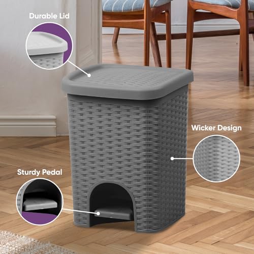 Superio Mini 6L Step Pedal Trash Can - Wicker Design, Hidden Mechanism, Durable Plastic, Ideal for Desktop, Countertop, Pet Waste/Dog Poop - Grey - color: Grey