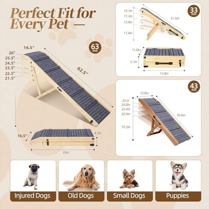 Extra Large Dog Ramp 63‘’L for High Bed, Couch & SUV – 200 Lb Heavy Duty Solid Wood Pet Ramp, 6 Adjustable Height – Portable Stable Non-Slip Steps for Medium to XL Dogs - color: 63"l Large
