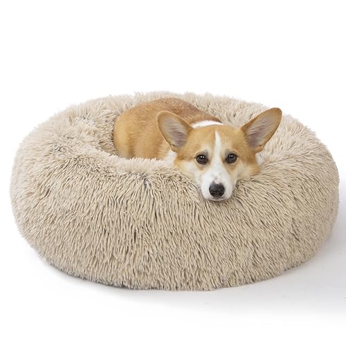 SAVFOX 30 inches Calming Donut Dog Bed - 3X Durable Plush Faux Fur, Machine Washable & Non-Slip, Fits up to 45 lbs, Beige - color: Beige, size: Medium | 30"x30"