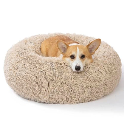 SAVFOX 30 inches Calming Donut Dog Bed - 3X Durable Plush Faux Fur, Machine Washable & Non-Slip, Fits up to 45 lbs, Beige - color: Beige, size: Medium | 30"x30"