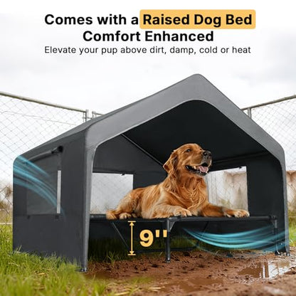 Veehoo Extra Large Dog House Outdoor with Elevated Dog Bed, Outside Dog Tent 4.1' x 4.1' x 3.3', Weatherproof Dog Shade Shelter and Raised Bed Combo for Pets or Stray Animals, Grey