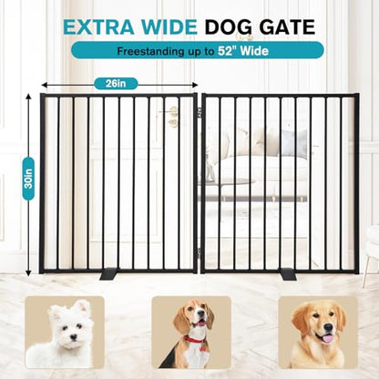 Snagle Paw Extra Wide Dog Gate,Free Standing Dog Fence with Door, Up to 52 Inch Wide Pet Gate with Support Feet for Stairs, Hallways, Doorways, Yard (Black, 2 Panels) - size: Up to 52" W, 2 Panels, Black
