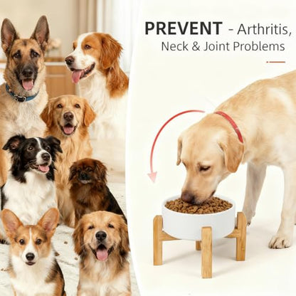 Elevated/Raised Ceramic Dog Bowl with Bamboo Stand，6 Inch 3.6 Cups Non Slip Heavy Weighted Single Pet Dish, for Small Medium Breed & Cats,Reduces Neck Strain White - color: White, size: 3.6 Cups - Medium
