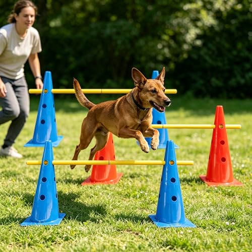 TNZMART Dog Agility Jumps Hurdles and Weave Poles Training Equipment Set Adjustable Dog Cones Obstacle Course for Backyard Portable Canine Exercise Kit with Carry Bag (Mix 4, 19 in) - size: 19 in