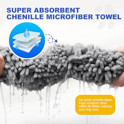 WOUSEDO Microfiber Chenille Dog Towel 1 Pack, Super Absorbent & Quick Dry | Pet Bath Shammy Towel, 13.8 x 31.5 Inches, Wash Grooming Towels for Small to Large Pets, Grey