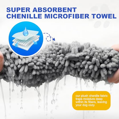 WOUSEDO Microfiber Chenille Dog Towel 1 Pack, Super Absorbent & Quick Dry | Pet Bath Shammy Towel, 13.8 x 31.5 Inches, Wash Grooming Towels for Small to Large Pets, Grey