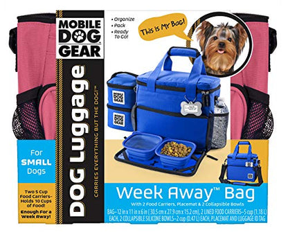 Mobile Dog Gear, Week Away Dog Travel Bag for Small Dogs, Includes Lined Food Carriers and 2 Collapsible Dog Bowl, Pink - color: Pink, size: Small