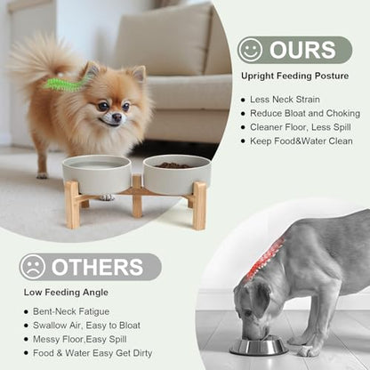 SPUNKYJUNKY Elevated Dog Bowls Ceramic, 5.1'' Dogs and Cat Food Water Bowls Raised with Non-Slip Bamboo Stand for Puppy Small Sized Breed Microwave Dishwasher Safe - 13.5 OZ,Grey - color: Grey, size: 5.1 in - 1.7 cups