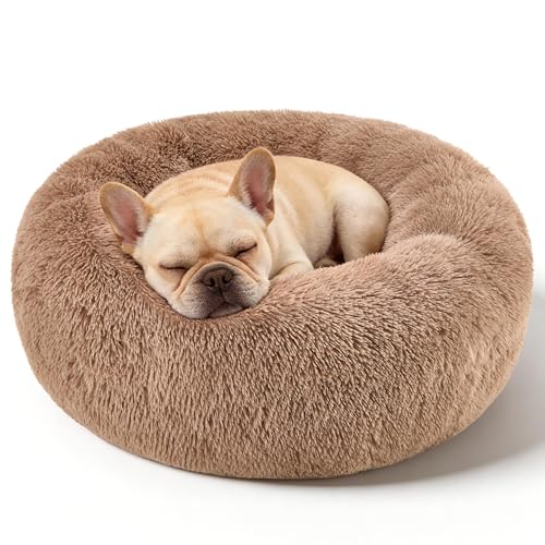 Dog Calming Beds for Small Medium Large Dogs - Round Donut Washable Puppy Dog Bed, Anti-Slip Faux Fur Fluffy Donut Cuddle Anxiety Cat Pet Bed(20'' Khaki - color: khaki, size: 20"L x 20"W x 8"Th