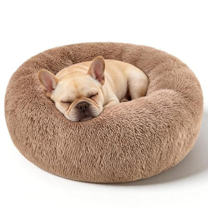 Dog Calming Beds for Small Medium Large Dogs - Round Donut Washable Dog Bed, Anti-Slip Faux Fur Fluffy Donut Cuddler Anxiety Cat Bed(28" Khaki - color: khaki, size: 28"L x 28"W x 8"Th