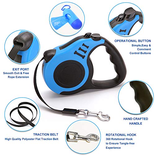 Retractable Dog Leash for Medium - Small Dogs and Cats 16.5FT Tangle Free, Heavy Duty Walking Leashes with Anti Slip Handle, Pause and Lock Strong Nylon Tape, Store Dog Leash Retractable(Blue) - color: Blue