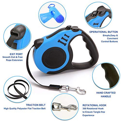 Retractable Dog Leash for Medium - Small Dogs and Cats 16.5FT Tangle Free, Heavy Duty Walking Leashes with Anti Slip Handle, Pause and Lock Strong Nylon Tape, Store Dog Leash Retractable(Blue) - color: Blue
