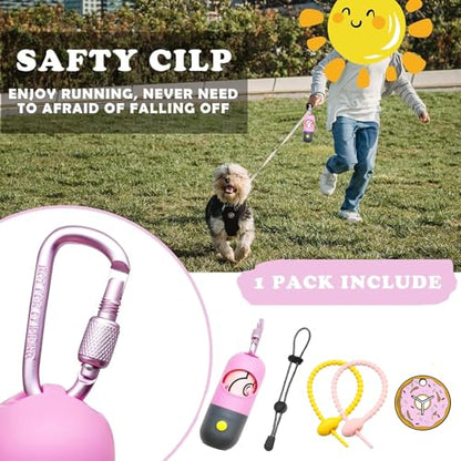 Dog Poop Bag Holder with LED Flashlight for Night Walks,Silicone Tether & Donut Pattern Clip for Used Bags, Hands-Free Metal Leash Carabiner, Includes 15 Scented Waste Bags(Pink) - color: Pink
