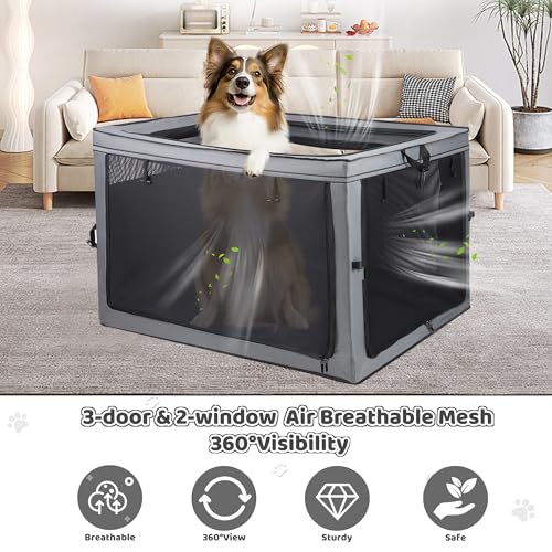 MEGHNA Dog Crate Portable Collapsible Lightweight Soft Sided Folding Travel Dog Kennel Double Door Collapsible 620D Oxford Fabric Cage (Grey, Extra Large) - size: Extra Large