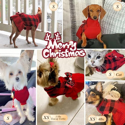 KYEESE Dog Christmas Sweater Dress with Bowtie Checkered, Turtleneck Dog Sweater for Small Dogs Girl with Leash Hole, Holiday Warm Pet Sweaters Dress, Red, Small - color: 09#Red Plaid, size: Small (3-6lbs)