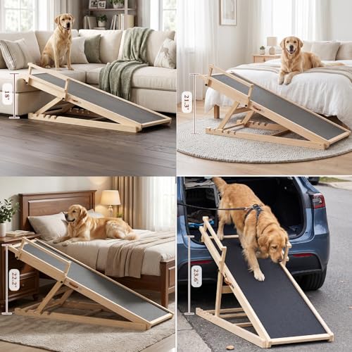 Dog Ramp for High Bed Couch, 55" Long Pet Steps for Any Sizes Dogs | 5 Heights 19.5"-27.4", Holds 250lbs, Foldable, 2 Safety Side Rails, For Older/Injured Pets, Solid Wood, Anti-slip Yoga Mat - size: 55"L x 18.3"W x 3"H