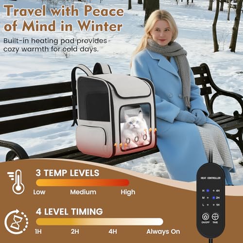 Cat Backpack Carrier with Cooling Fan & Heating Pad, Expandable & Breathable Pet Backpack for Cats & Small Dogs, Travel Carrier for Hiking, Vet Visits, Grey