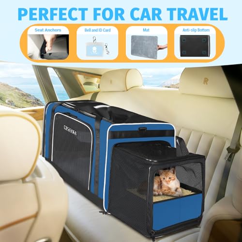 Petskd Side Expandable Extra Large Cat Carrier with Litter Box Area, 24"x17"x17" Soft-Sided Pet Carrier for 2 Cats Under 55 lbs with Zipper Locks for Car Travel(Prussian Blue) - color: Prussian Blue