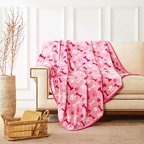 Allisandro Luxurious Dog Blanket, 350 GSM Super Fuzzy Microplush Fleece Pet Blankets for Small Medium Large Dogs and Cats, Pink Paw and Bone, 40" x 32" - color: Pink Paw and Bone, size: 40" x 32"