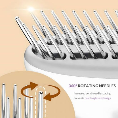 Self Cleaning Dog Deshedding Brush for Long Haired Dogs, 360° Rotating Comb Needles, Wider, Ergonomic Handle (White)