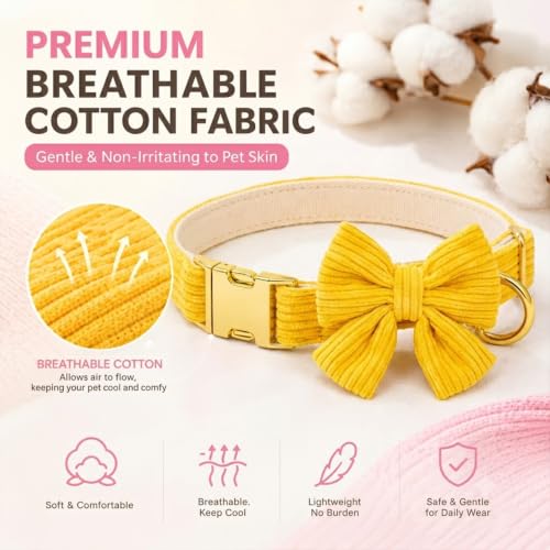Dog Collar and Leash Set with Bowtie, Soft & Cute Puppy Collar, Cotton Puppy Collar with Adjustable Metal Buckle for Small, Medium Dog (Yellow, Size M: Neck 13"-22") - color: Yellow, size: M: Neck 13"-22" Leash 5 FT