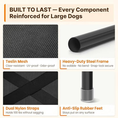 Petsfit Elevated Dog Bed for Large Dogs – Patented Anti-Sag Tension Bar, Cooling Raised Dog Cot for Outdoor/Camping/Indoor, Teslin Mesh, Non-Slip Frame, 42" - size: M-42"