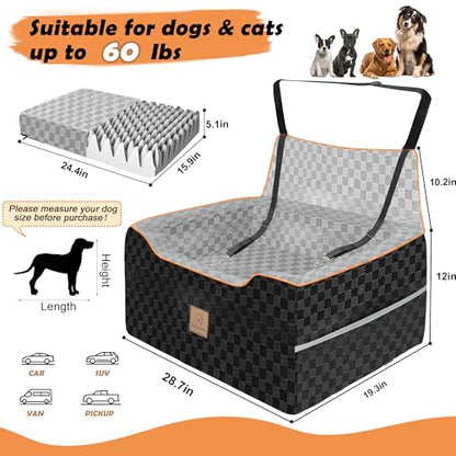Large Dog Car Seat for Back Seat – Removable Dog Booster Seat & Washable Pet Car Seat for Medium & 2 Small Dogs up to 60lbs – Safety Straps & Storage Pocket – Travel & Home Use (Gray/Black) - color: Gray/black