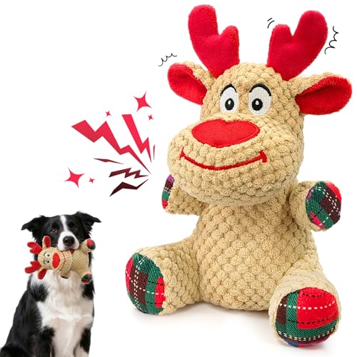 Reindeer Squeaky Dog Toy – Soft Crinkle Stuffed Chew Toy for Small & Medium Dogs, Cute Plush Puppy Toy - color: Beige Reindeer
