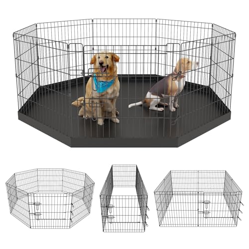 Artmeer Pet Playpen Puppy Playpen Kennels Dog Fence Exercise Pen Gate Fence Foldable Dog Crate 8 Panels 24 Inch for Pet Animals Outdoor Indoor with Bottom Pad (Black with Bottom pad) - style: Black 24''x24'' Bottom cover