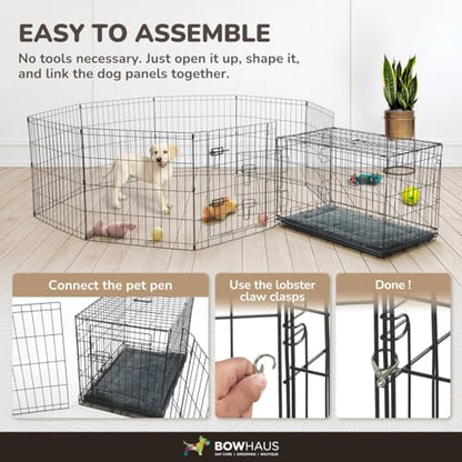 BOWHAUS Foldable Outdoor/Indoor Pet Playpen with Gate, Available in 30 Inch Height Metal Portable Kennel, Heavy-Duty Exercise Fence Cage 8 Panels for Medium Dog, Animals - style: 30 Inch