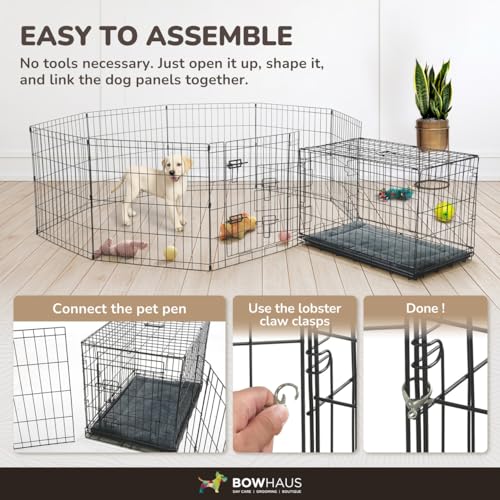 BOWHAUS Foldable Outdoor/Indoor Pet Playpen with Gate, Available in 24 Inch Height Metal Portable Kennel, Heavy-Duty Exercise Fence Cage 8 Panels for Small Dog, Animals - style: 24 Inch