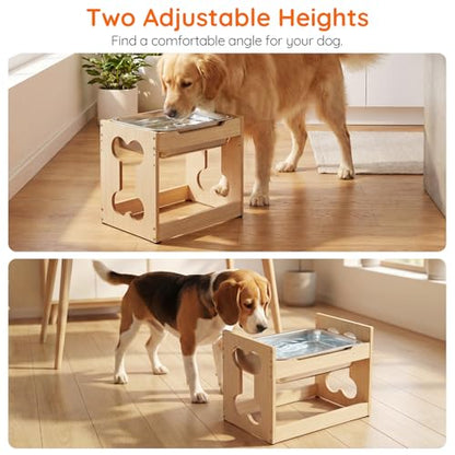 HOOBRO 2.2 Gal Elevated Dog Water Bowl for Large Dogs, Raised Dog Bowl Stand with Stainless Steel Bowls, Heights Adjustable Water Bowl Stand, Wooden Dog Feeding Station, Non-Slip, Natural NL02PO03