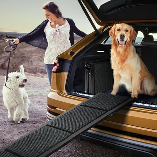 FAHKNS Dog Ramp for Car, 71" x 17" Extra Long Wide Folding Pet Ramp, Non-Slip Rug Surface, Aluminum, Black, Up to 300 LBS - size: Upgraded 71" L x 17.3" W
