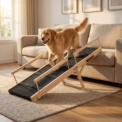 Wooden Dog Ramp for Bed – Folding Pet Ramp for Couch | Collapsible Wooden Pet Ramp, 4 Adjustable Heights, Non-Slip High Traction Fabric Surface, Portable Solid Pine Wood Steps - size: Large