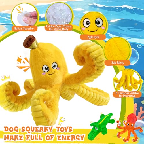 WOWBALA No Stuffing Dog Squeak Toys-3 Pack Plush Crinkle Interactive Puppy Chew Toys, Cute Octopus & Crocodile Toys for Small Medium Dogs,Boredom Relief, Anxiety Reducing - color: Multicolour