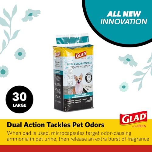 Glad for Pets Dual Action Freshness Activated Carbon Puppy Pads, Fragrance Release, Scented Odor Control, 6-Layer Leak-Proof, Pheromone Attractant, 23 x 23 Inch, 30 Count - size: 30 Count (Pack of 1)