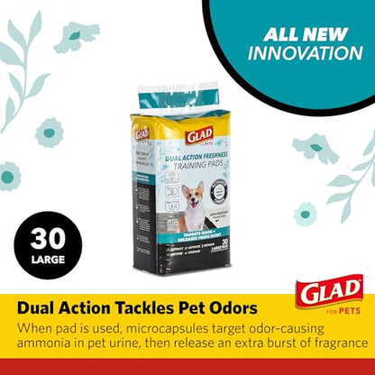 Glad for Pets Dual Action Freshness Activated Carbon Puppy Pads, Fragrance Release, Scented Odor Control, 6-Layer Leak-Proof, Pheromone Attractant, 23 x 23 Inch, 30 Count - size: 30 Count (Pack of 1)