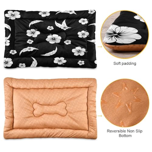 Black White Hibiscus Pattern Pet Bed Mat for Dogs and Cats, Soft Washable Crate Pad with Non-Slip Bottom, Cozy Bed Cushion for Small Medium Large Pets, 18x24 Inch - size: Small