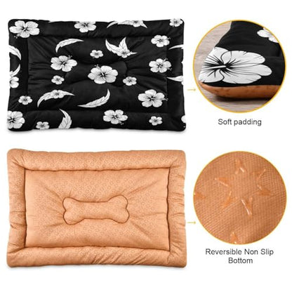 Black White Hibiscus Pattern Pet Bed Mat for Dogs and Cats, Soft Washable Crate Pad with Non-Slip Bottom, Cozy Bed Cushion for Small Medium Large Pets, 18x24 Inch - size: Small