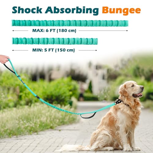 PetBonus Heavy Duty Tactical Dog Leash, 5 FT Bungee Shock Absorption Leash with 2 Padded Handles, Quick Release Metal Clip, Car Seatbelt, No Pull Training Lead for Large Medium Dogs（Turquoise） - color: Turquoise