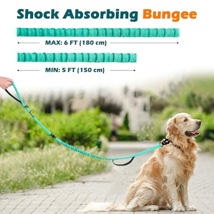 PetBonus Heavy Duty Tactical Dog Leash, 5 FT Bungee Shock Absorption Leash with 2 Padded Handles, Quick Release Metal Clip, Car Seatbelt, No Pull Training Lead for Large Medium Dogs（Turquoise） - color: Turquoise