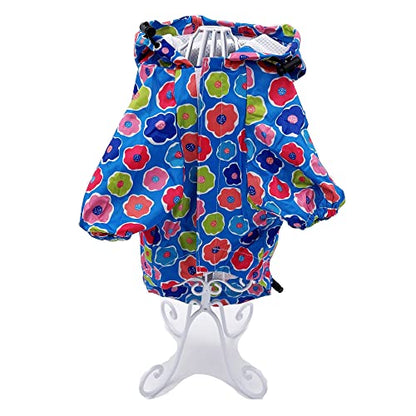 Dog Raincoat Hooded Leash Hole Waterproof Rain Coat Jacket Rainwear for Small Pet Cat Puppy (M: Length - 14", Blue Flowers) - color: Blue Flowers, size: M: Chest - 16", Length - 14"