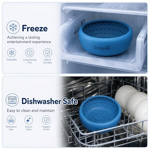 Dog Lick Bowl with Bone Chew Toy, BPA Free Silicone Slow Feeder Dog Bowl, Lick Mat for Dogs with Strong Suction, Dog Freezer Bowl for Anxiety Relief, Paw Calm, Dishwasher (Blue, S) - size: Small