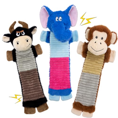 No Stuffing 3 Pack Dog Squeaky Toys,Dog Chew with Crinkle and Squeaker, Cute Animal Plush to Keep Them Busy, Suitable for Large to Small Breeds - color: Blue,balck,khaki